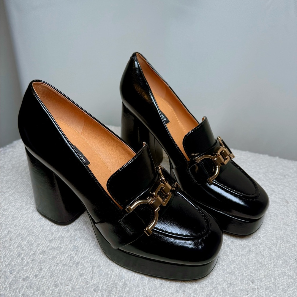 Nine West Black Patent Platform Block Heel Loafers with Gold Buckle
